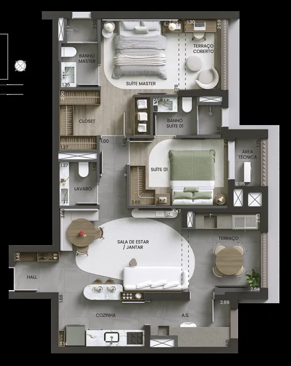 Planta do apartamento de 89 m² do Alameda Mará, Gamaro, em Moema — 2 suítes com suíte master, closet, lavabo, terraço coberto e terraço gourmet