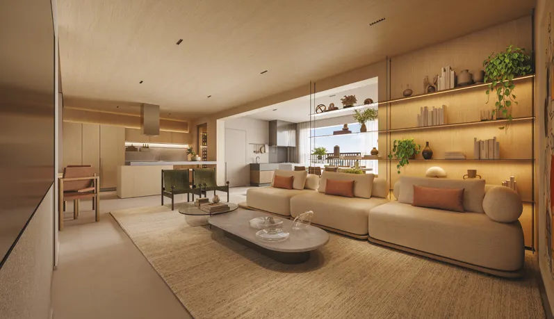 Perspectiva ilustrada do living decorado do apartamento de 130 m² do Alameda Mará, Gamaro, em Moema — living amplo em madeira clara integrado à cozinha e ao terraço