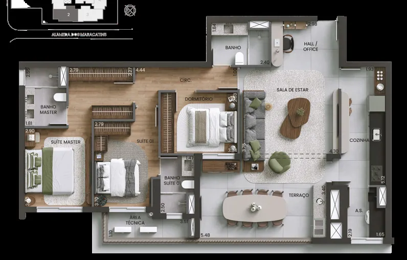 Planta do apartamento de 130 m² do Alameda Mará, Gamaro, em Moema — 3 dormitórios com 2 suítes, hall/office, cozinha e terraço gourmet