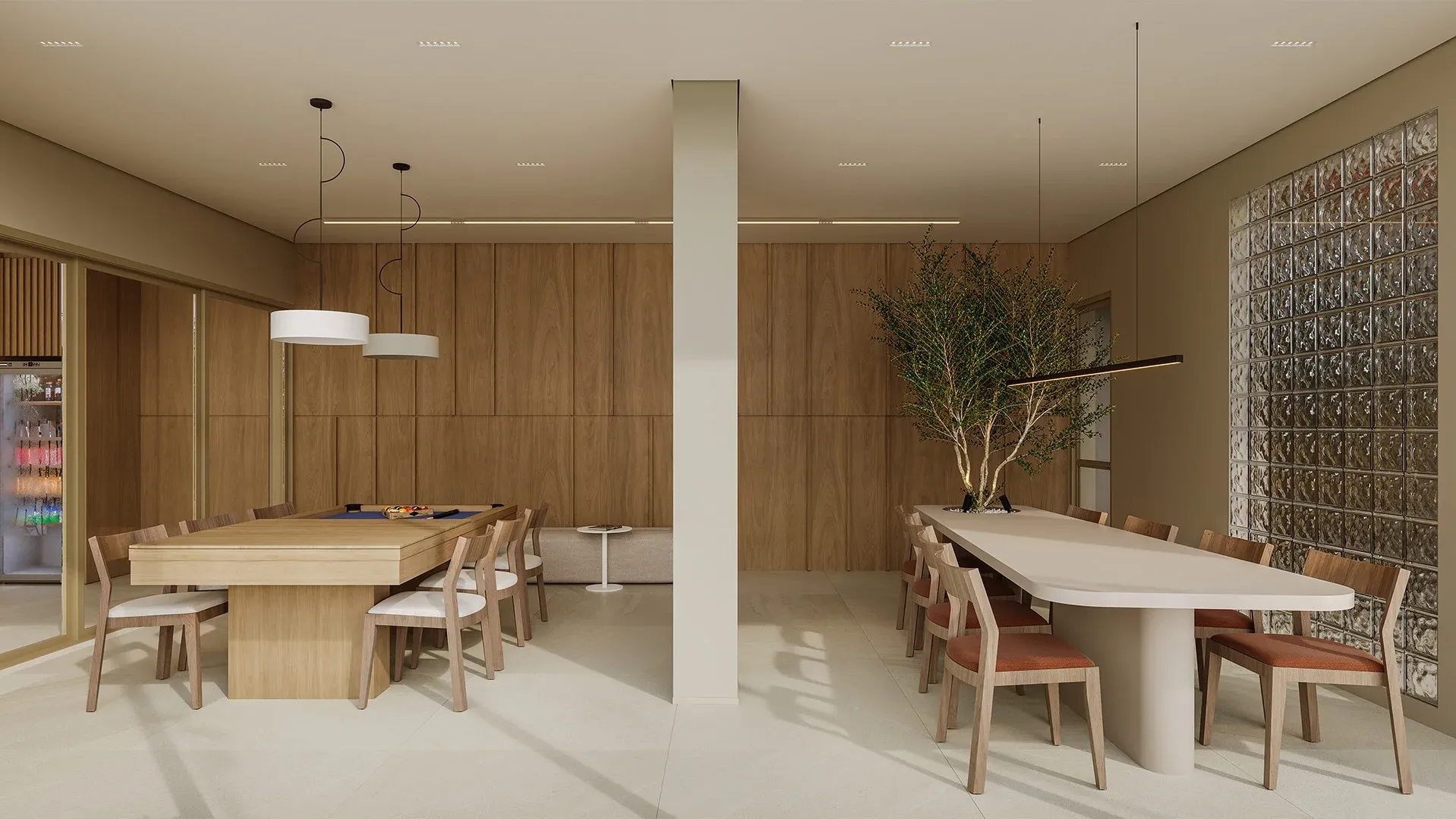 Lounge gourmet com mesa de bilhar e mesa de jantar longa no 1º pavimento do Alameda Mará em Moema, com marcenaria em madeira.