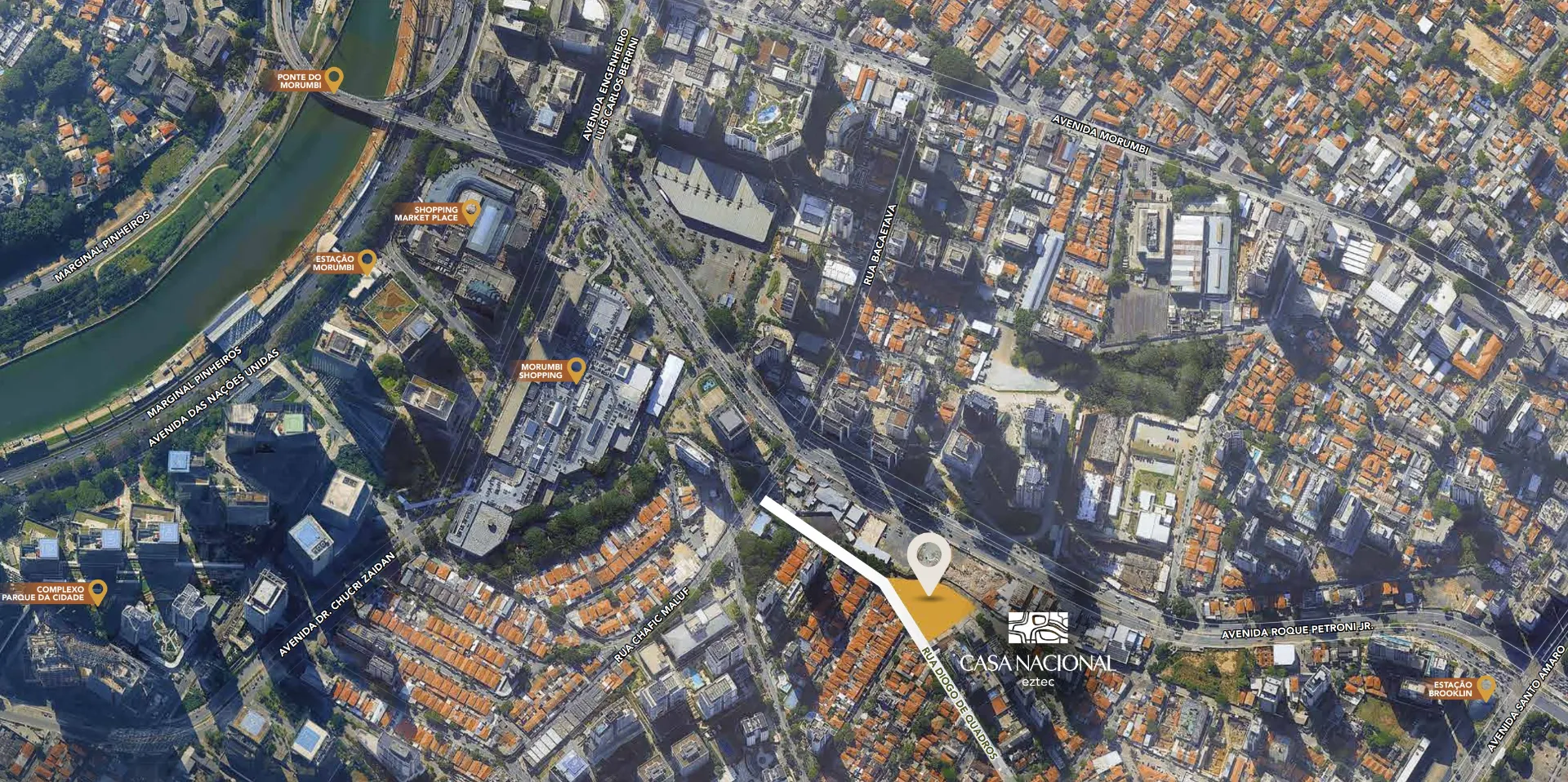 Casa Nacional Eztec — inserção aérea da fachada no skyline do Brooklin próximo a Berrini e Chucri Zaidan