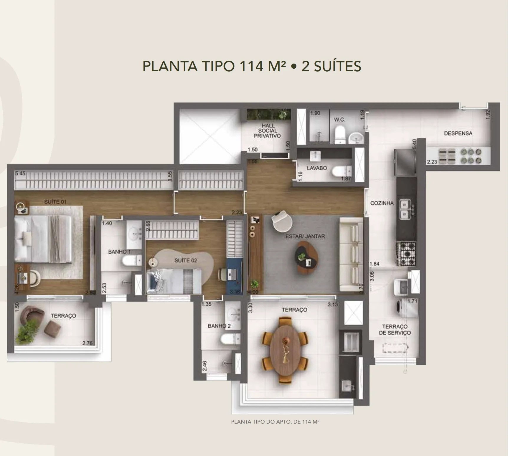 Casa Nacional Eztec — planta tipo do apartamento de 114 m² com 2 suítes e 2 vagas determinadas
