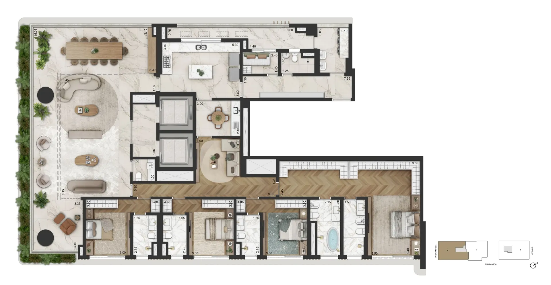 Planta do apartamento de 345m² do La Galerie Moema com 4 suítes em Moema São Paulo