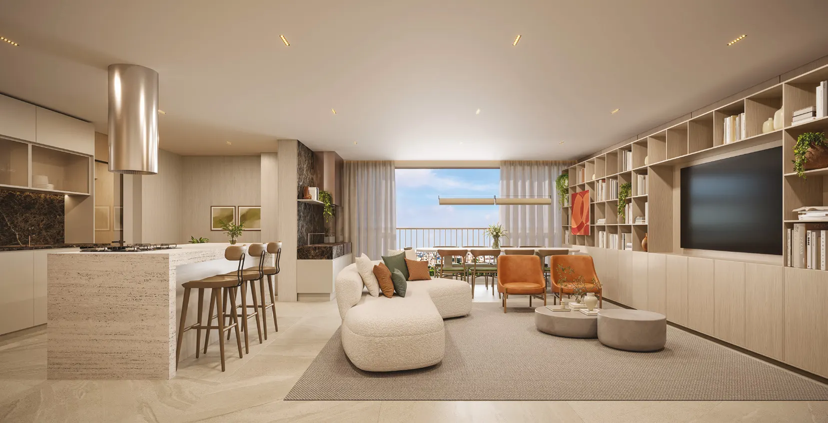 Alameda Mará - Living decorado da tipologia de 153 m² Residence - Moema, São Paulo - Póvoa Boutique Imobiliária