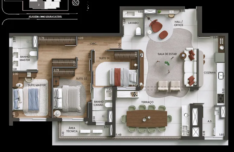 Planta do apartamento de 130 m² do Alameda Mará, Gamaro, em Moema — variação com 3 suítes, demi-suíte, lavabo, cozinha fechada e terraço gourmet