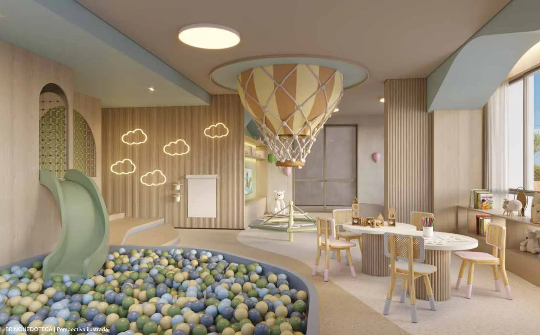 Casa Nacional Eztec — brinquedoteca infantil decorada, no bloco família do lazer