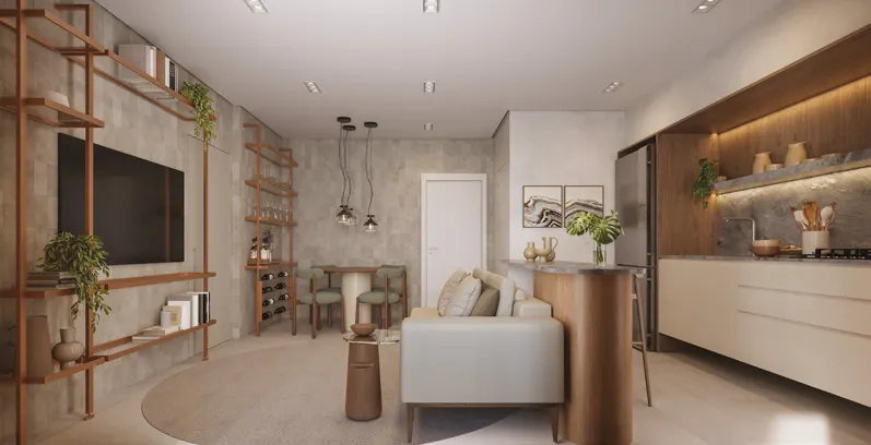 Perspectiva ilustrada do living decorado do apartamento de 87 m² do Alameda Mará, Gamaro, em Moema — living integrado à cozinha com marcenaria e sala de jantar