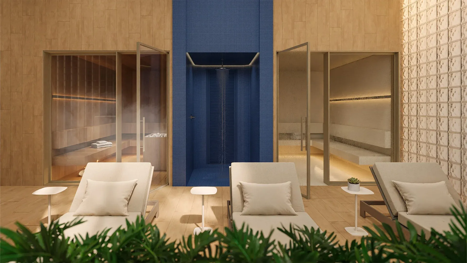 Saunas seca e úmida no térreo do Alameda Mará, Gamaro, em Moema, com cabines de madeira e vidro e área de descanso.