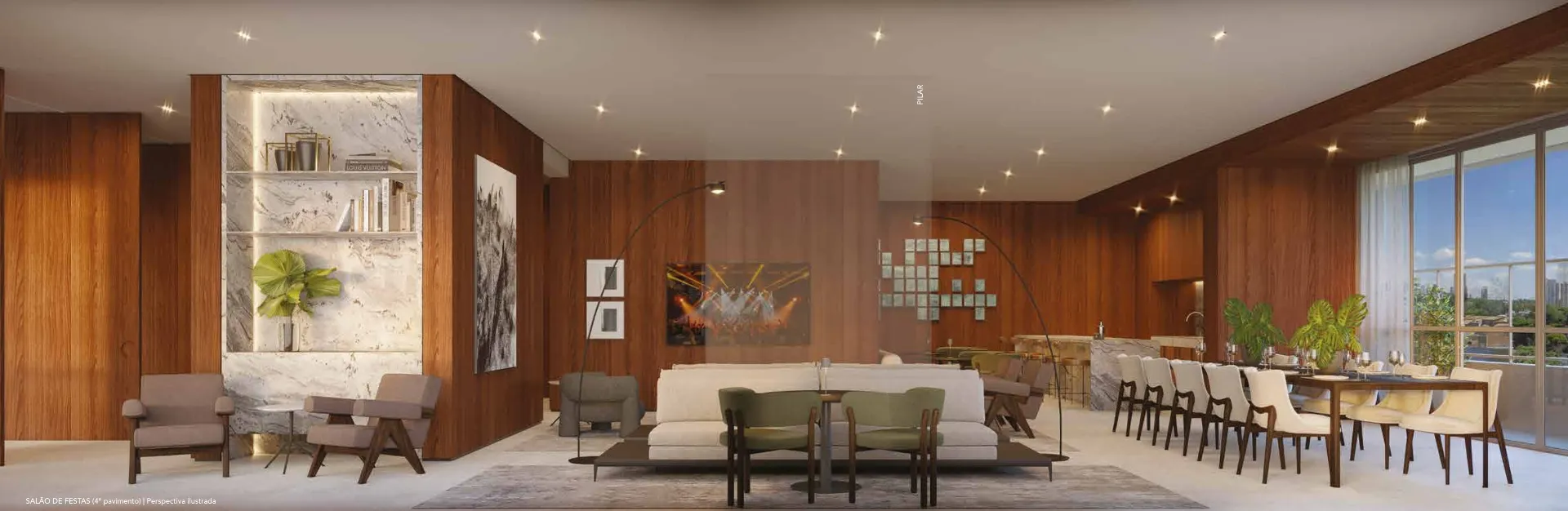 Casa Nacional Eztec — salão de festas do 4º pavimento com interiores de Fernanda Marques