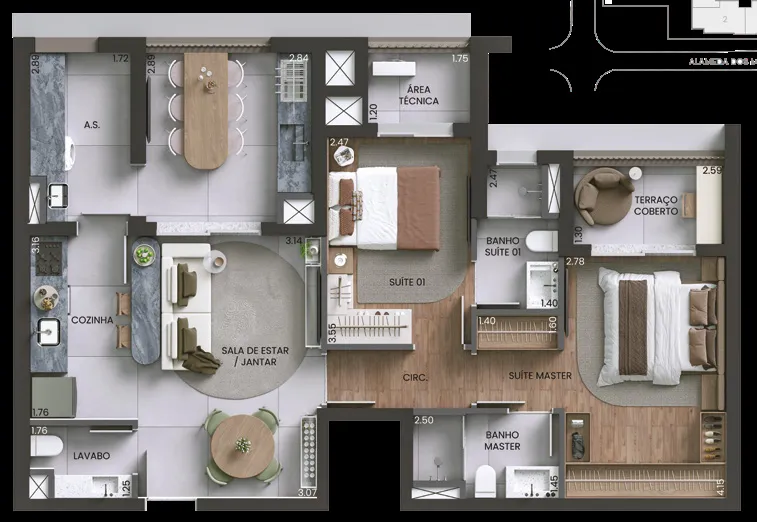 Planta do apartamento de 87 m² do Alameda Mará, Gamaro, em Moema — 2 suítes com suíte master, banho suíte, lavabo, cozinha e terraço coberto