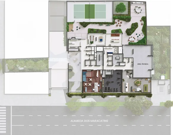 Implantação humanizada do pavimento de lazer do Alameda Mará Smart, em Moema, com quadra, jardins e áreas comuns independentes do Residence.