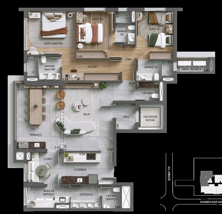Alameda Mará - Planta de 153 m² com 3 suítes Residence - Moema, São Paulo - Póvoa Boutique Imobiliária