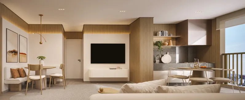 Perspectiva ilustrada do living decorado do apartamento de 89 m² do Alameda Mará, Gamaro, em Moema — living amplo com painel de TV, sala de jantar e cozinha integrada