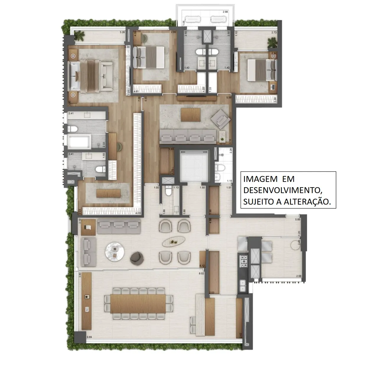 Renato 410 — planta do apartamento tipo de 276,38 m² com 3 suítes e office exclusivo