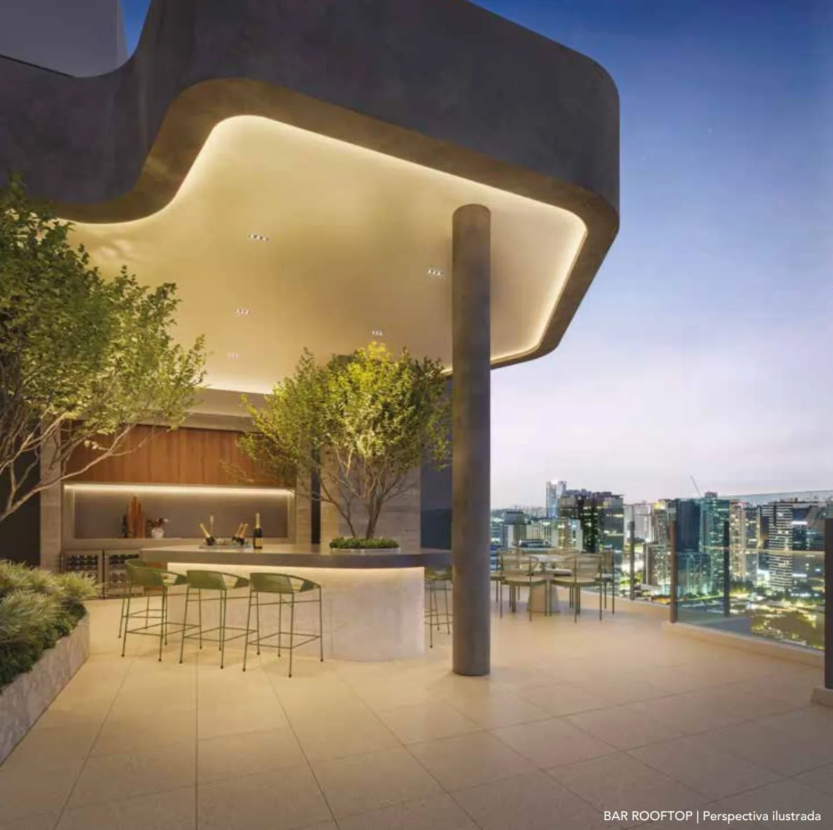 Casa Nacional Eztec — bar do rooftop com vista aberta sobre o Brooklin e a região Berrini