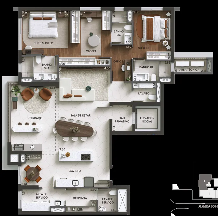 Planta do apartamento de 153 m² do Alameda Mará, Gamaro, em Moema — variação com 2 suítes, living ampliado, office, hall privativo e elevador social