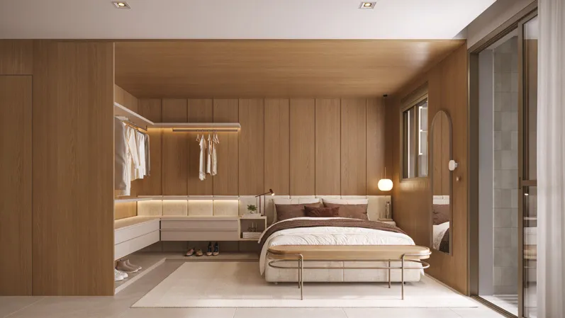 Perspectiva ilustrada de studio decorado do Alameda Mará Smart, em Moema, com marcenaria em madeira, closet aberto e cama de casal.