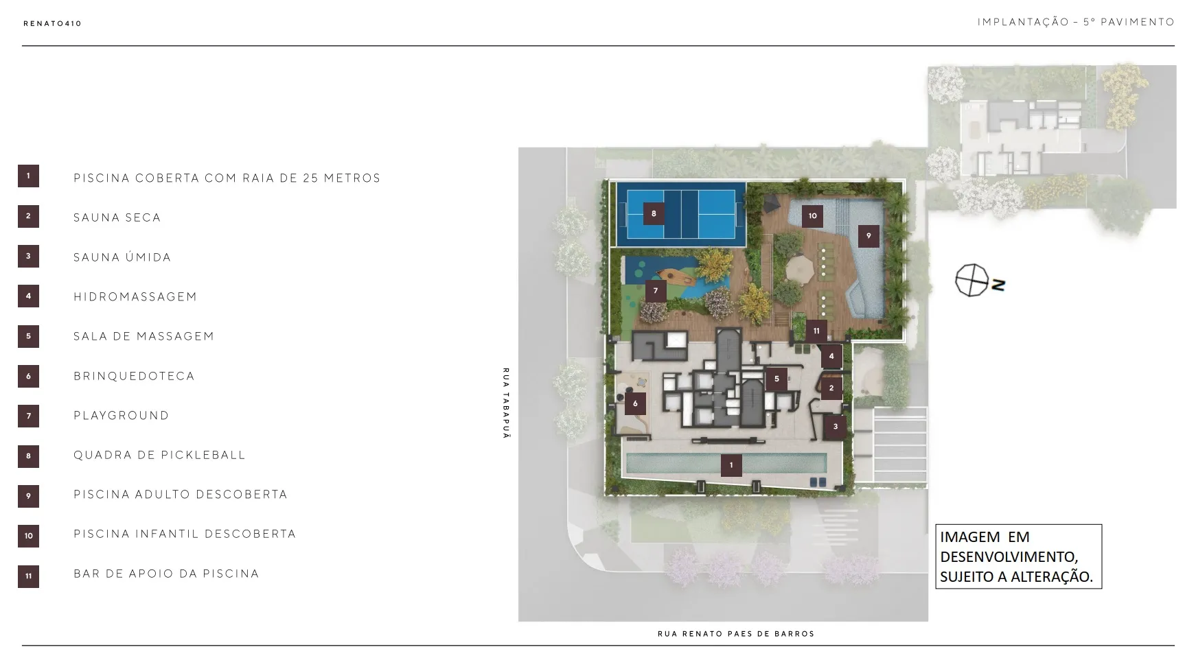 Renato 410 — planta do 5º pavimento de lazer — piscinas, quadras, fitness e wellness