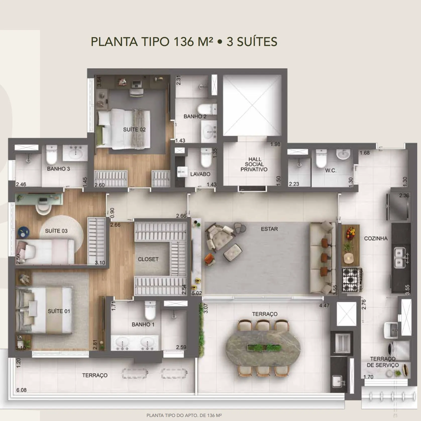 Casa Nacional Eztec — planta tipo do apartamento de 136 m² com 3 suítes e 2 vagas determinadas