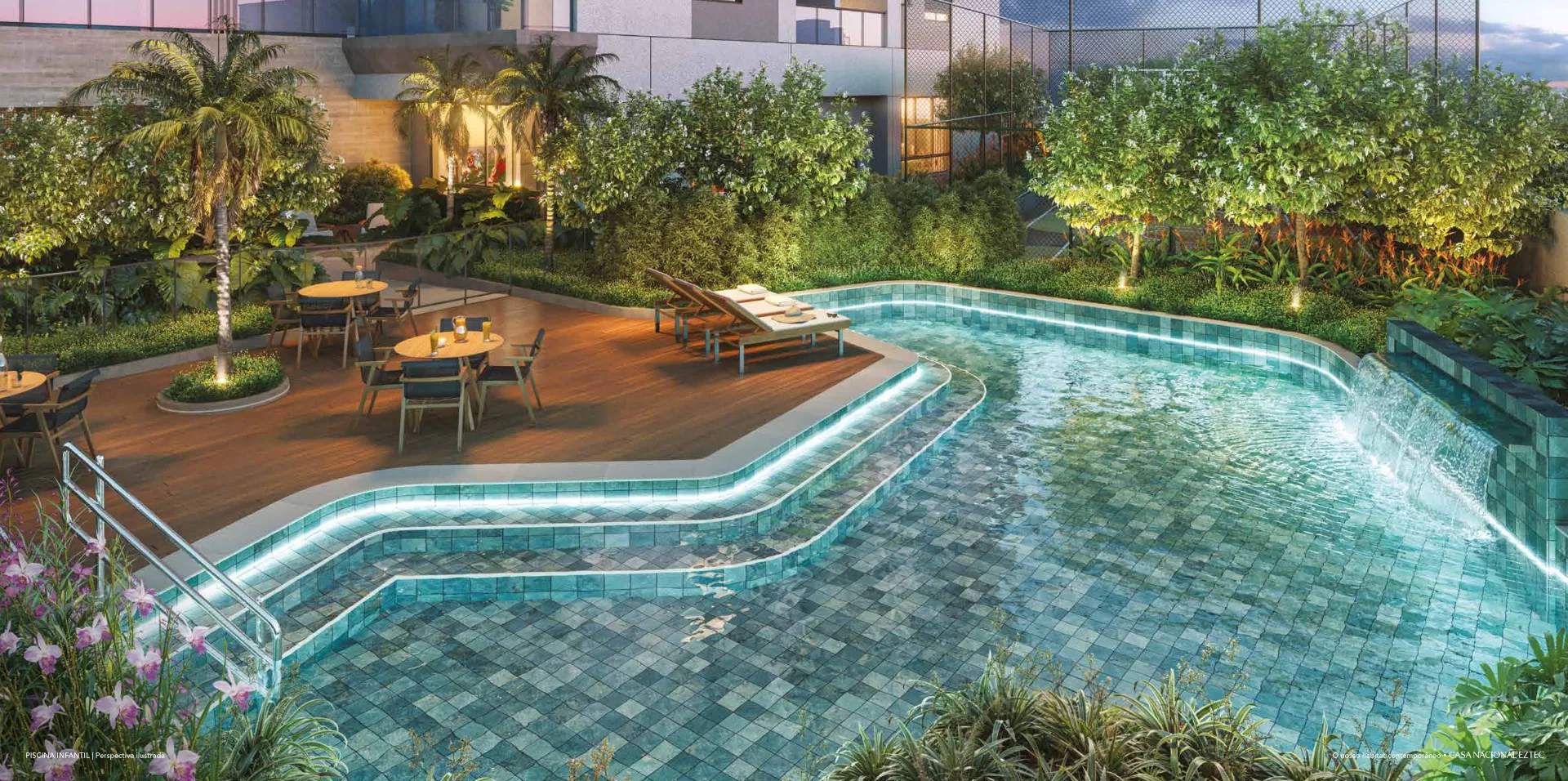 Casa Nacional Eztec — piscina infantil integrada ao paisagismo tropical do 4º pavimento