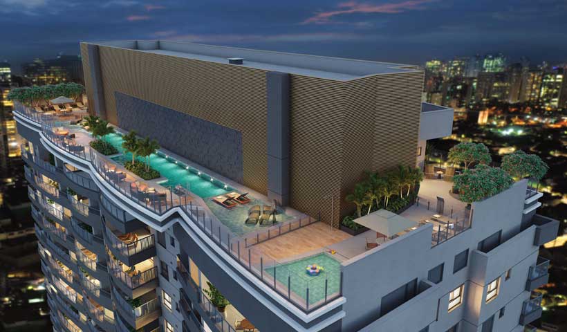 Fachada e rooftop do Arkadio Brooklin — empreendimento de alto padrão no Brooklin, São Paulo