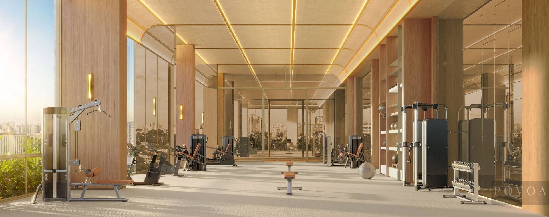 Espaço fitness funcional com esteiras e vista panorâmica para a região do Brooklin no Escape Brooklin - Cyrela.